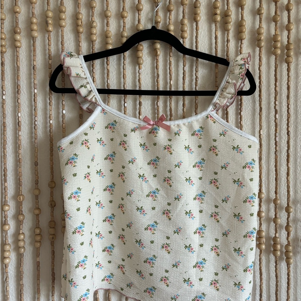 Cottage Coquette Country Floral Bow Detail Stretchy Semi Crop Ruffle Tank medium